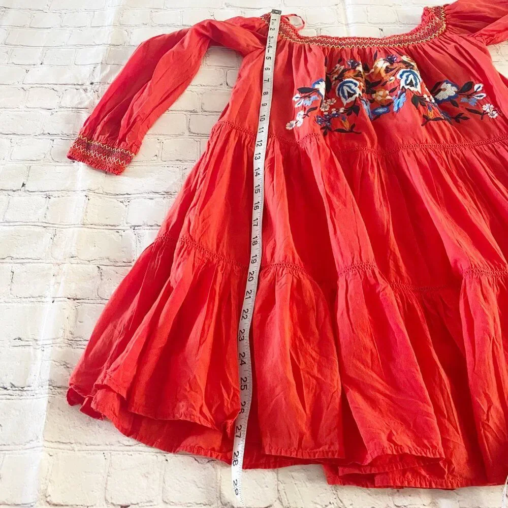 Free People Bright Red Floral Embroidered Off Shoulder Sunbeams Mini Dress S